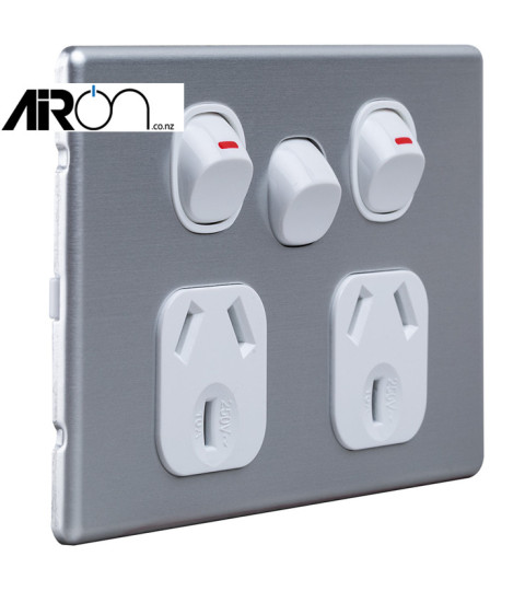 Slimline Double Powerpoint Horizontal Cover with Extra Switch - Aluminium